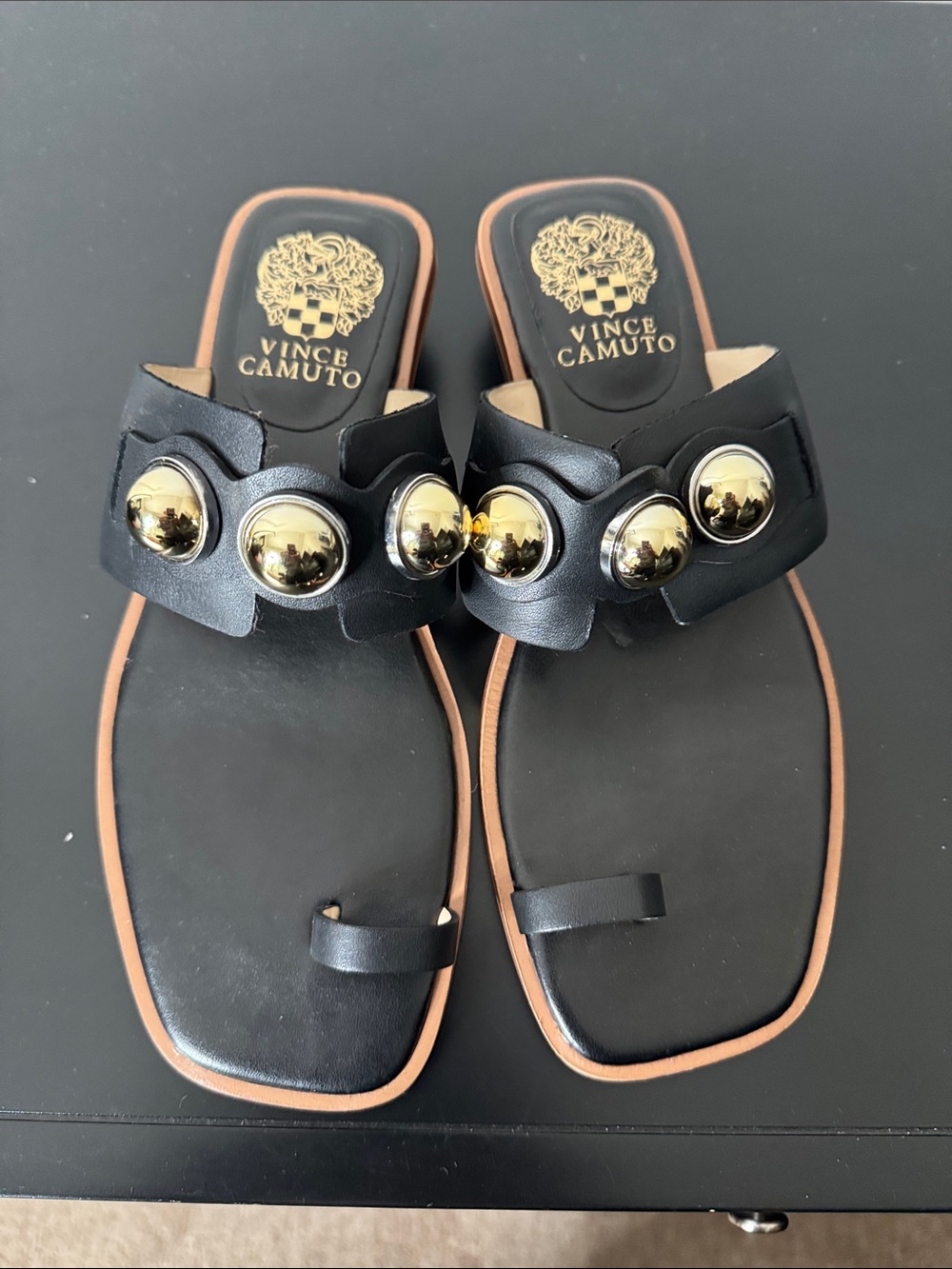 Vince Camuto Black Leather Slide Sandals with Gold Dome Studs